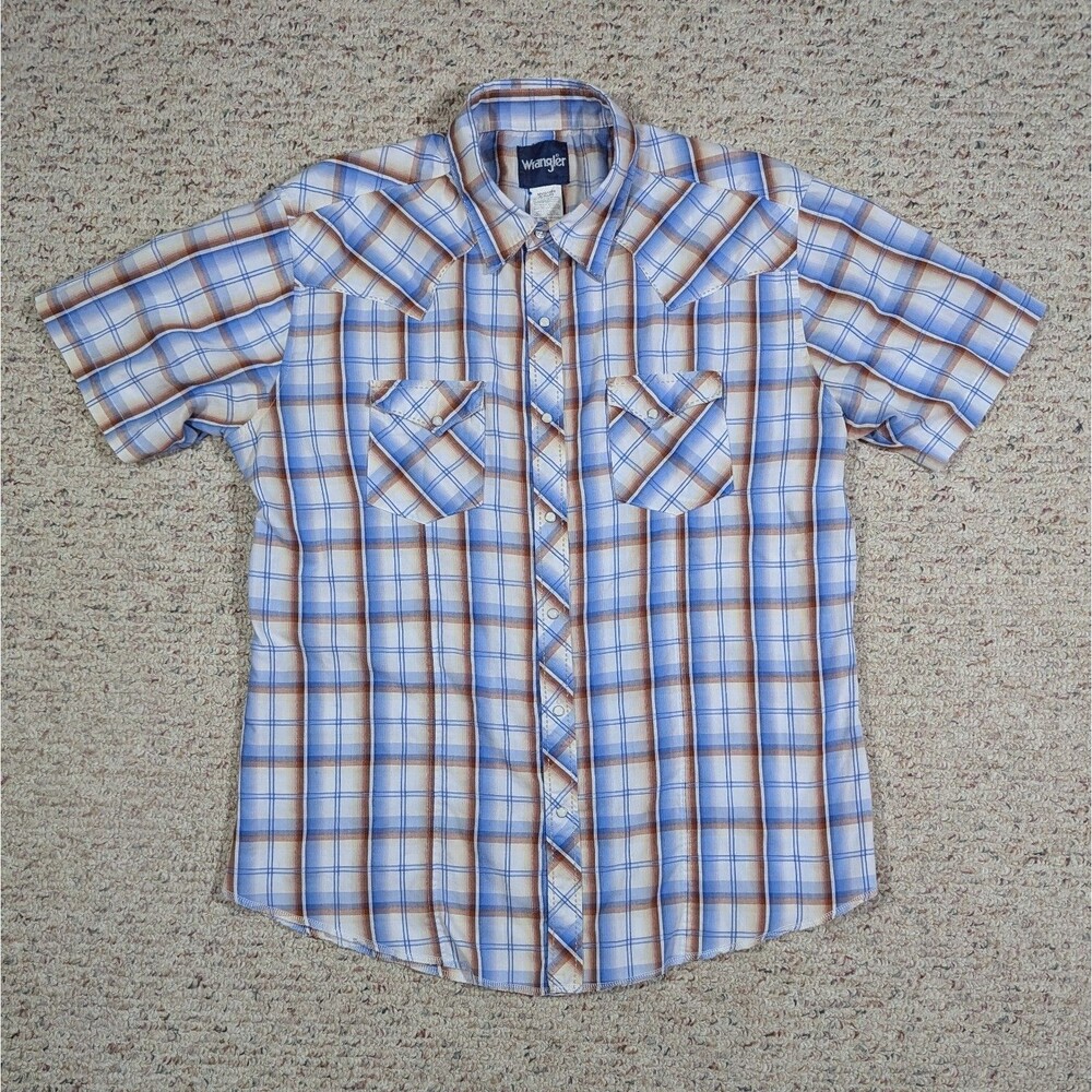 Wrangler Western Shirt Pearl Snap Mens XL Light Blue/Brown Plaid Short Sleeve